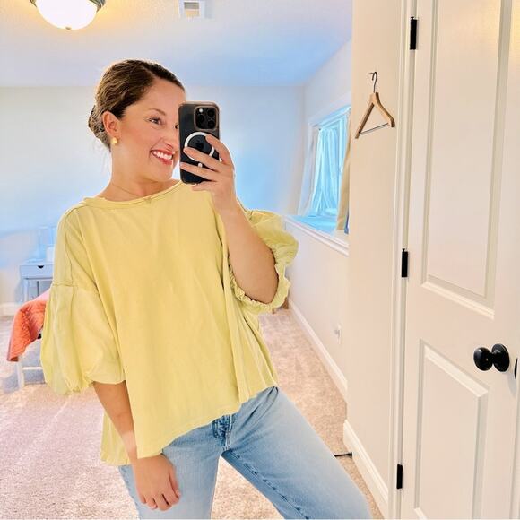 Free People Tops - We The Free Free People Lime Puff Sleeve Sweatshirt Top Pullover Large